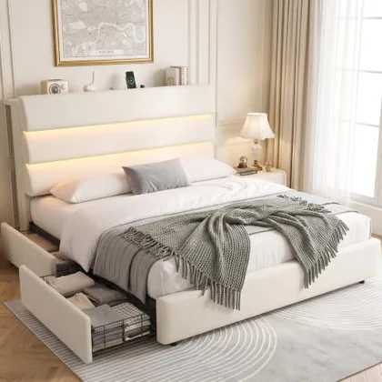 JOCOEVOL Beige Full Size Bed Frame