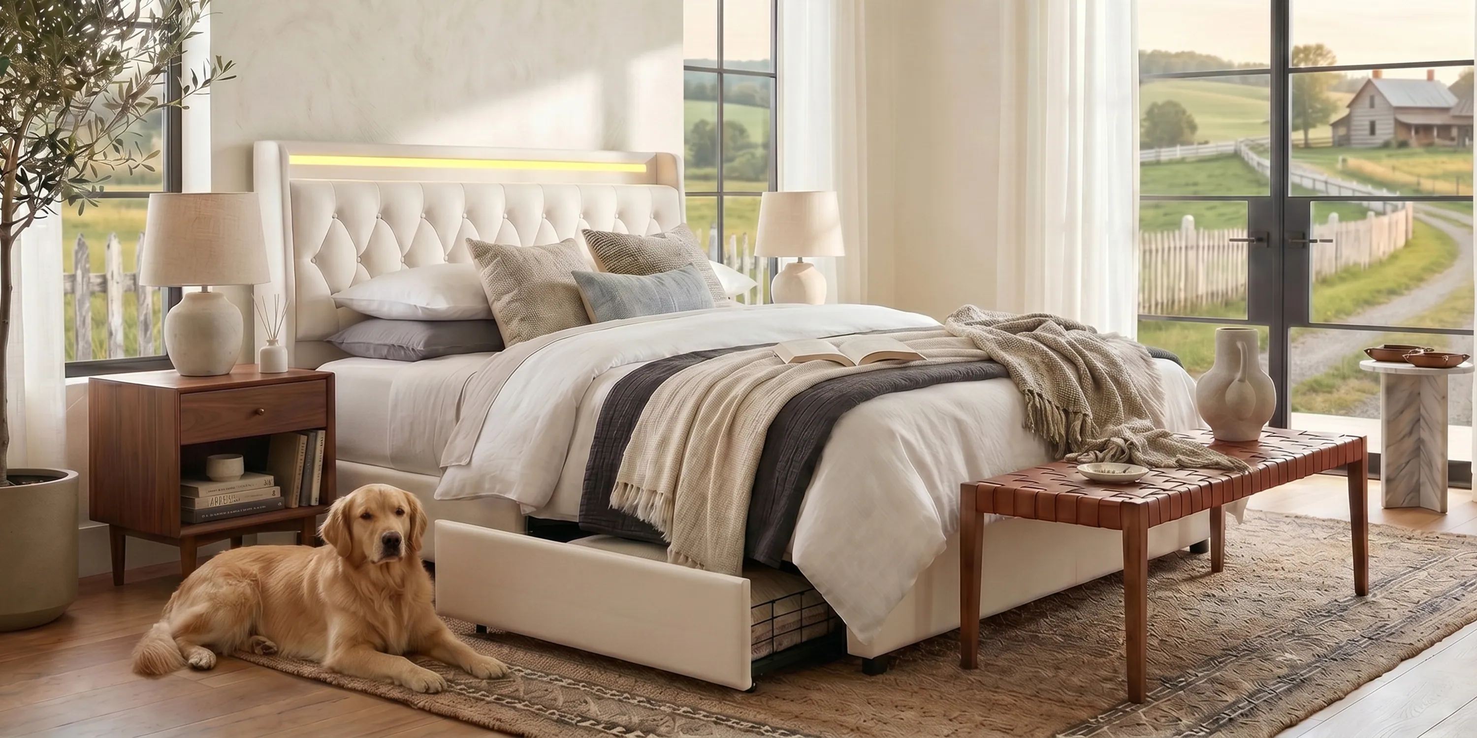 A bedroom furnished with our upholstered LED bed and walnut nightstand