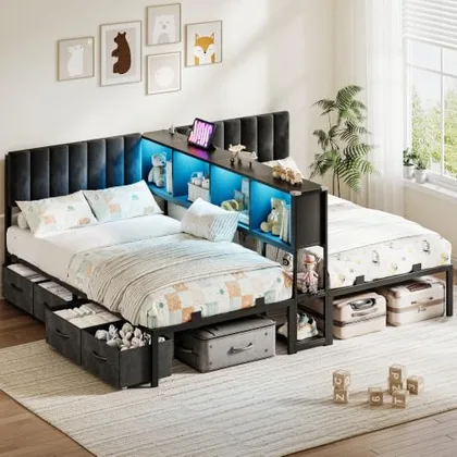 JOCOEVOL Twin Beds for 2 Kids with Storage Bookcase Divider