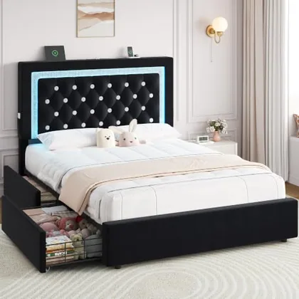 JOCOEVOL Queen Bed Frame with Storage Drawers and LED Lights