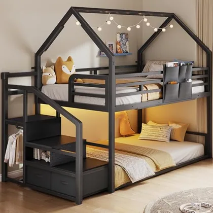 JOCOEVOL Metal Bunk Bed Twin Over Twin with Storage Staircase
