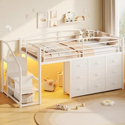 JOCOEVOL Low Loft Bed with 9 Storage Drawers