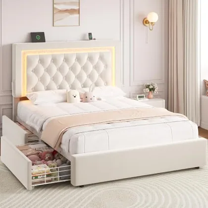 JOCOEVOL Queen Bed Frame with Storage Drawers and LED Lights