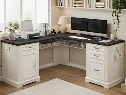 JOCOEVOL Farmhouse L Shaped Executive Desk with 4 Drawers