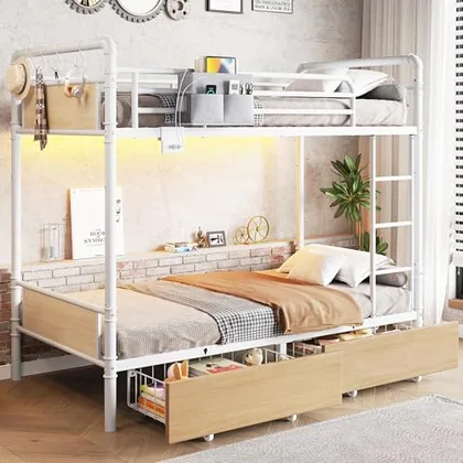 JOCOEVOL Metal LED Bunk Bed Twin Over Twin with 2 Storage Drawers