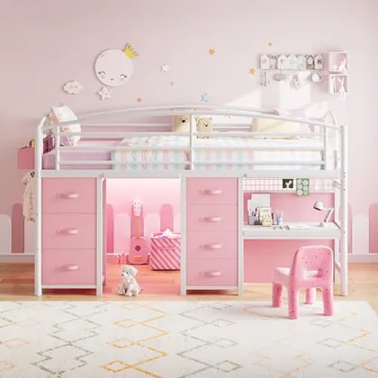 JOCOEVOL Low Loft Bed Twin Size with 7 Storage Drawers