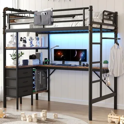 JOCOEVOL Twin Size Loft Bed with L-Shaped Desk