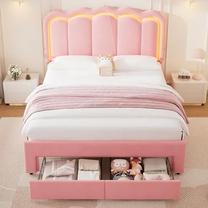 JOCOEVOL Velvet Upholstered Queen LED Bed Frame