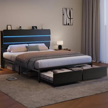 JOCOEVOL Queen Bed Frame with Headboard and 2 Storage Drawers