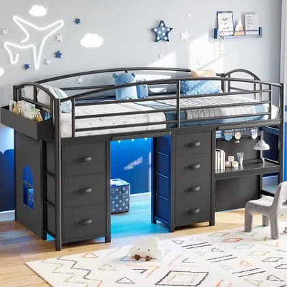 JOCOEVOL Low Loft Bed Twin Size with 7 Storage Drawers