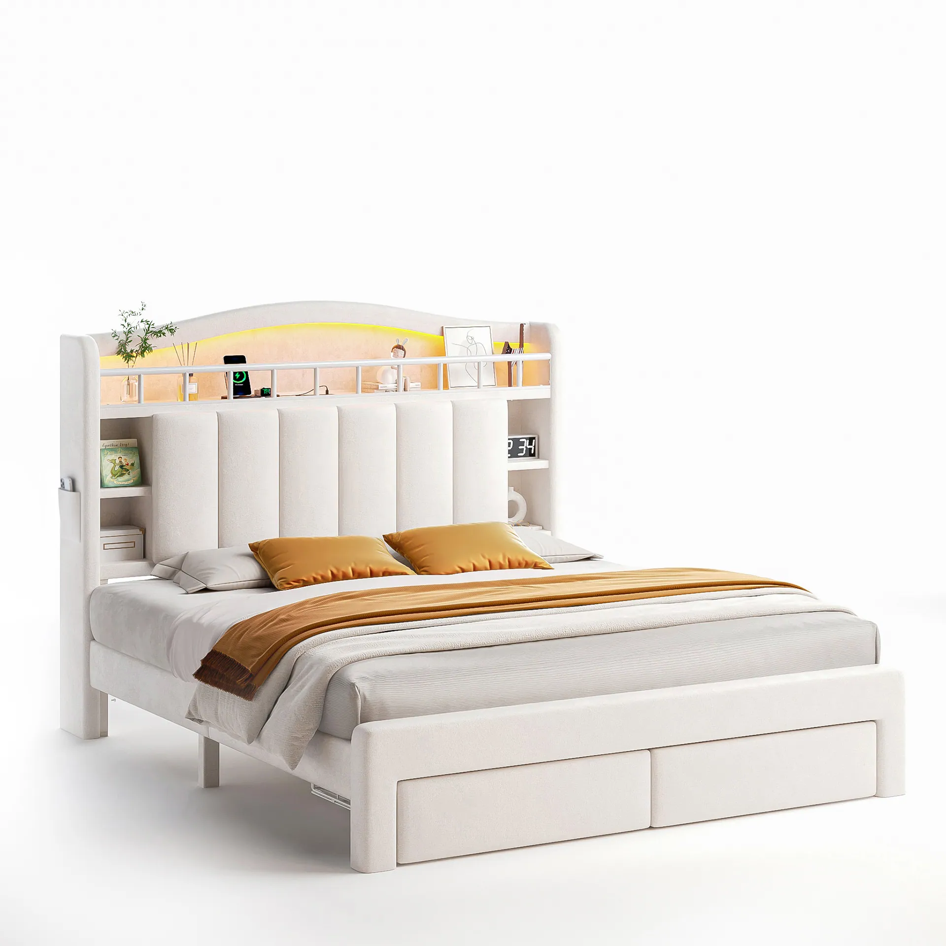 A JOCOEVOL bed with a lit headboard and storage drawers