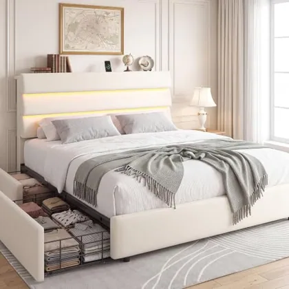 JOCOEVOL Beige Queen Size Bed Frame