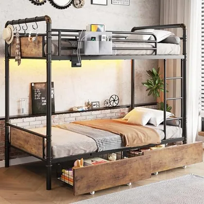 JOCOEVOL Metal LED Bunk Bed Twin Over Twin with 2 Storage Drawers