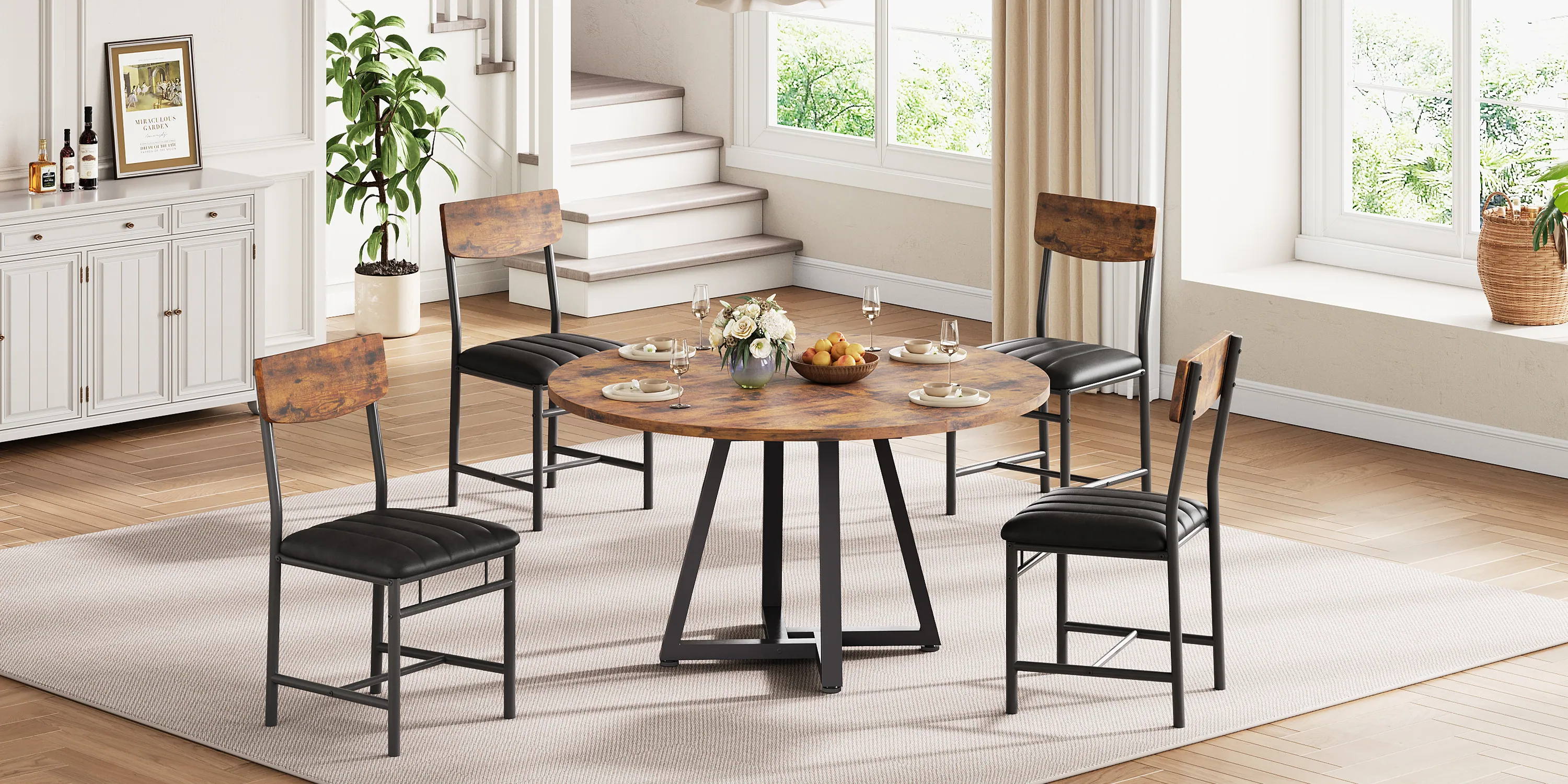 A dining room furnished end to end