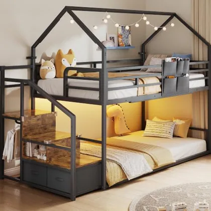JOCOEVOL Metal Bunk Bed Twin Over Twin with 2 Storage Drawers