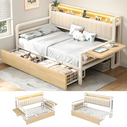 JOCOEVOL Twin Corner Bed Frame with Storage Drawers and LED Light