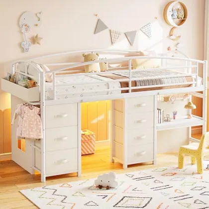 JOCOEVOL Low Loft Bed Twin Size with 7 Storage Drawers