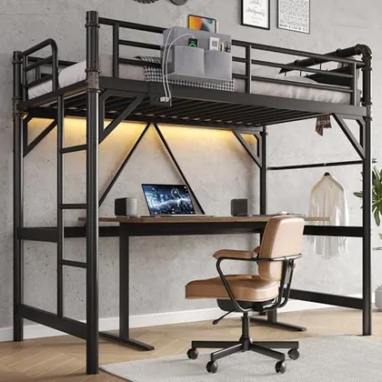 JOCOEVOL Twin Size Loft Bed with LED Lights and Charging Station