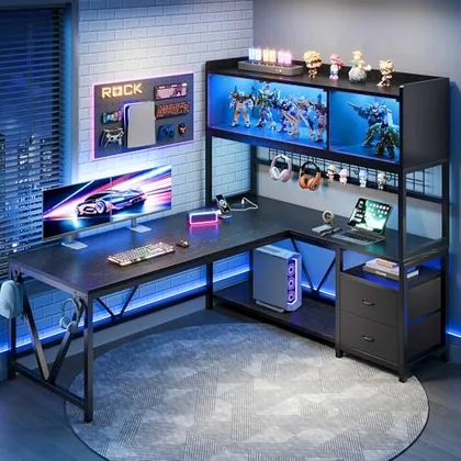 JOCOEVOL L Shaped Gaming Desk with Fabric Drawers and Power Outlet