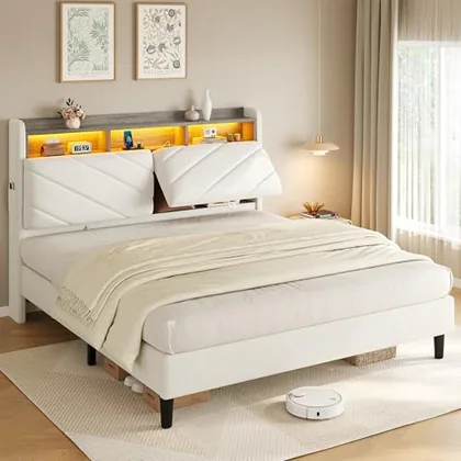 JOCOEVOL Queen Size Bed Frame with Headboard Storage and LED Lights