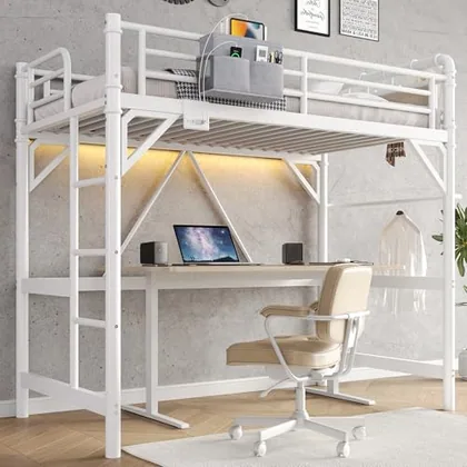 JOCOEVOL Twin Size Loft Bed with LED Lights and Charging Station
