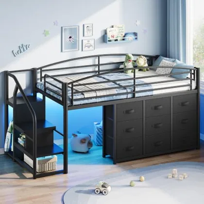 JOCOEVOL Low Loft Bed with 9 Storage Drawers