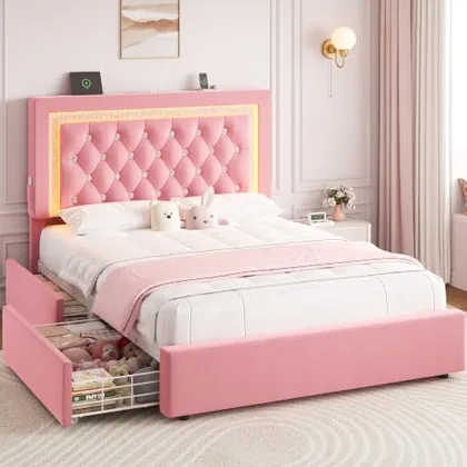 JOCOEVOL Queen Bed Frame with Storage Drawers and LED Lights
