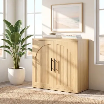 JOCOEVOL 31.5 in Fluted Oak Buffet Cabinet Sideboard with Storage