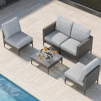 JOCOEVOL Outdoor Patio Sofa Conversation Set-Rattan 4 Seats Comfortable Couch