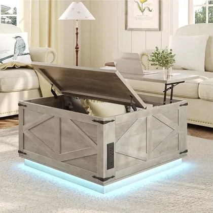 JOCOEVOL Rustic Grey Farmhouse Lift-Top Coffee Table: Square Wood Center Table