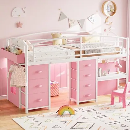 JOCOEVOL Low Loft Bed Twin Size with 7 Storage Drawers