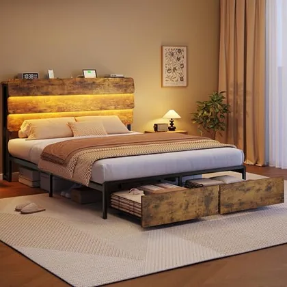JOCOEVOL Queen Bed Frame with Headboard and 2 Storage Drawers
