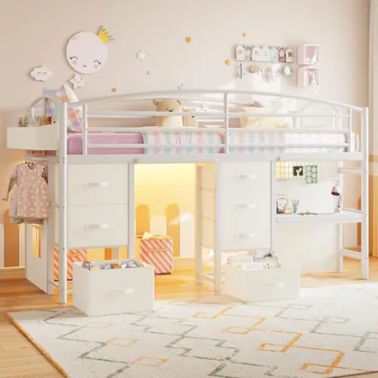 JOCOEVOL Low Loft Bed Twin Size with 7 Storage Drawers