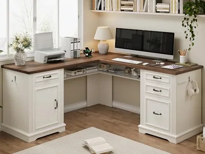 JOCOEVOL Farmhouse L Shaped Executive Desk with 4 Drawers